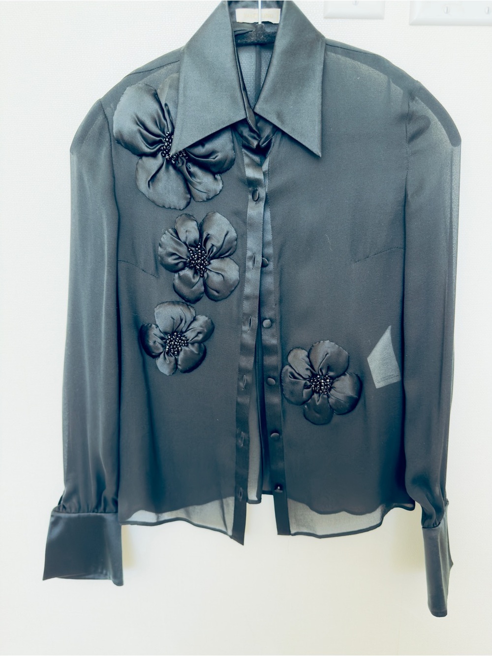 Valentino Couture Black Silk Chiffon Floral Button Blouse Size 4 - Picture 7 of 16